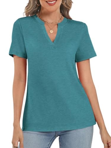 YESTTO Womens V Neck Summer Tops Short Sleeve T Shirts Loose Fit Casual Tee Trendy Basic Tops Lightweight Breathable Fashion Clothes 2026 Cyan - Thumbnail 5