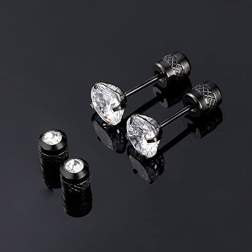 Titanium Screw Back Earrings Black 316L Surgical Stainless Steel Cubic Zirconia Fake Diamond Flat Back Stud Hypoallergenic for Sensitive Ear for Women Men Teen CZ Twist Piercing Post - Thumbnail 5
