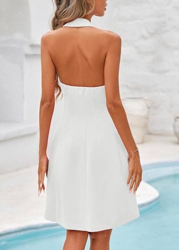 Lazysmile Summer Dresses for Women Sleeveless Halter Lapel V Neck Backless A Line Formal Cocktail Party Short Dress White - Thumbnail 2