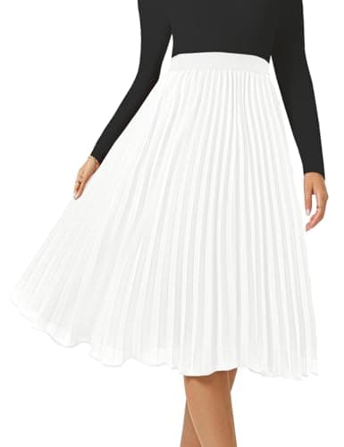 SLOWCOLIN Women's Midi Skirt Elastic High Waist Pleated Skirt Knee Length Swing A-Line Casual Flowy Skirts 2025 White,XL - Image 1