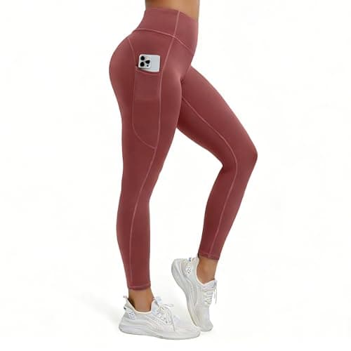 AMLEER High Waisted Full Length Leggings with Pockets for Women, Tummy Control 4-Way Stretch Moisture Wicking Yoga Workout Leggings, Beanpaste, X-Large - Image 1