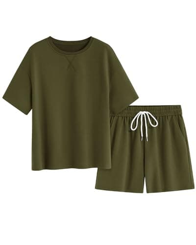 Zenlonr Women's Two Piece Lounge Sets 2026 Summer Casual Oversized Shirts Shorts Matching Airport Travel Outfit(Army Green,Large) - Image 1