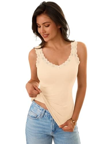GKBK Tank Tops for Women Ribbed Slim Fit Camisole Sleeveless Lace Tank Tops Summer Casual Basic Tops Cute V Neck Soft Lace Trim Cami Undershirt Spring Clothes 2026 Fashion Outfits Apricot - Thumbnail 3