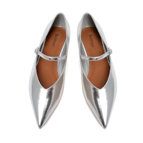 Reitoye Women's Silver Flats Mary Jane Pointed Toe Ballet Flat for Women Comfortable Dressy Work Flats Slip On Casual Formal Shoes Size 10 - Image 1
