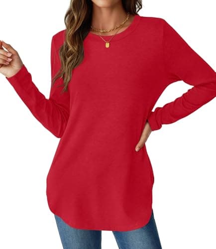 NORACORA Womens Tunic Tops Long Sleeve Shirts Crew Neck Casual Tshirts 2025 Fall Winter Fashion Outfits Clothes Red L - Image 1