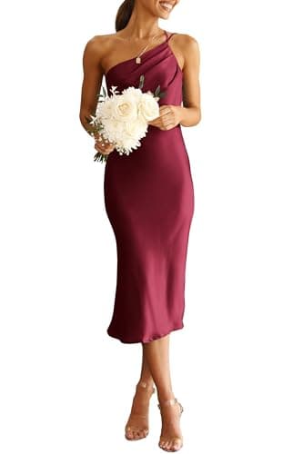 PRETTYGARDEN Women's Midi Satin Dress One Shoulder Spaghetti Strap Backless Ruched Summer Bodycon Dresses (Wine Red,Large) - Image 1
