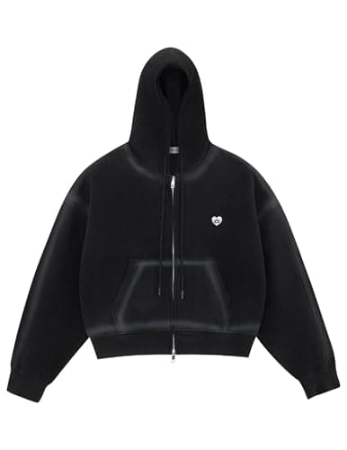 Aelfric Eden Boxy Washed Zip Up Hoodie Cropped Oversized Sweatshirts Fashion Outfits Casual Jackets Clothes Black