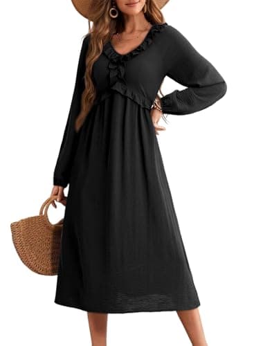 Dokotoo Dresses for Women Spring Clothes Black Dress Women's Clothing Casual Summer Dresses Long Wedding Guest Dress V Neck Pleated Maxi Dresses Spring Outfits Black - Thumbnail 4