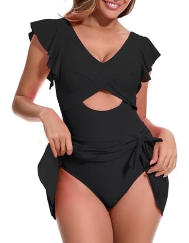 MFAVIP Women One Piece Swim Dress Tummy Control Swimsuits V Neck Ruffle Bathing Suit Cutout Sexy Wrap Side Tie with Skirt Black - Thumbnail 5