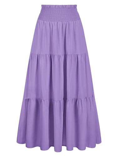 Arolina Ladies Summer Maxi Skirt Trendy Texture Tiered Midi Skirt Flowy Bohemian Long Skirts for Beach Vacation Travel XXL Purple - Image 1