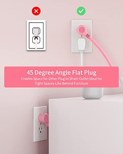 Extra Long Extension Cord 25 ft, NTONPOWER Rose Pink Flat Plug Power Strip with USB Ports, 3 Outlet 2 USB Desktop Charging Station Wall Mount for Home, Dorm Room, Office and Nightstand, ETL Listed - Thumbnail 5
