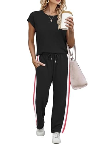 Casly Lamiit 2 Piece Sets for Women Vacation Outfits Crew Neck Travel Lounge Sets Short Sleeve Top Wide Leg Pants Set Black 2XL - Image 1