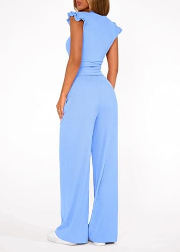 KIRUNDO Two Piece Sets For Women Dressy 2026 Summer Cap Sleeve Cute Tops Wide Leg Pants Spring Matching Set Vacation Outfits(Light Blue, Medium) - Thumbnail 2