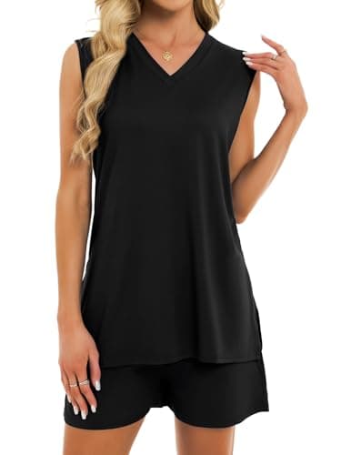 VUTRU Womens 2 Piece Short Set Summer Outfits Matching V Neck Tank Top and Pant with Pockets Lounge Beach Vacation Casual Black XXL - Image 1