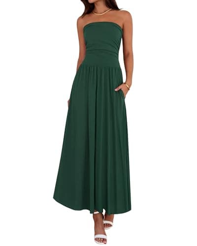 BTFBM Summer Maxi Dresses for Women 2026 Strapless Ruched Tube Top Beach Vacation Spring Wedding Guest Dress Pockets (Dark Green, Large) - Image 1