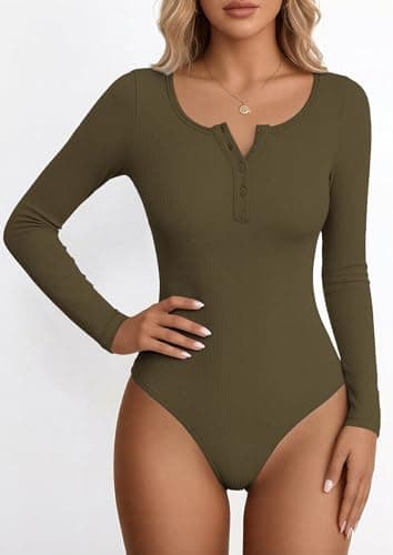 PRETTYGARDEN Long Sleeve Bodysuits for Women 2026 Ribbed Knit Henley Button Up Slim Fitted Basic Tops Spring Fashion Clothing (Army Green,Small) - Thumbnail 4