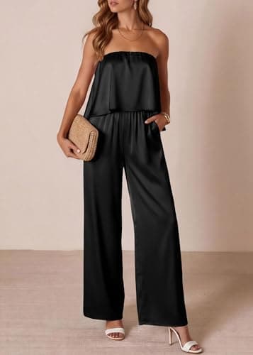 KIRUNDO Jumpsuits For Women Dressy 2026 Summer Satin Strapless Romper Flowy Tube Top Spring One Piece Vacation Outfits(Black, XX-Large) - Thumbnail 2