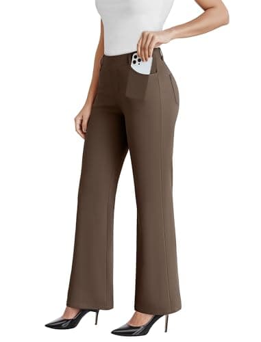DLOODA Dress Work Pants Women Business Casual Slack Trousers Stretchy Pull On Office Flare Pants with Pockets Brown XXL - Image 1