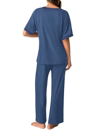 GKBK Womens Two Piece Outfits Pajama Sets 3/4 Dolman Sleeve Sleepwear Nightwear Loungewear Matching Pjs 2 Piece Lounge Set Lightweight Sweatsuit Fall Fashion Ooutfit Navy Blue M - Thumbnail 3