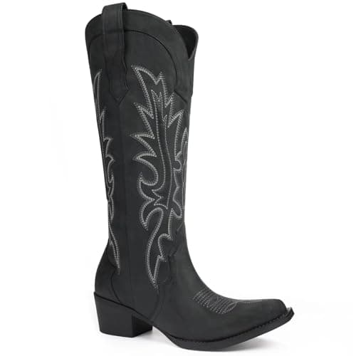 Quorvash Cowboy Boots for Women, Knee High Wide Calf Cowgirl Boots with Side Zipper, Snip Toe Western Boots, Black Size 7 - Image 1