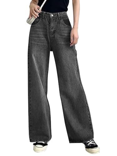 HDLTE Baggy Stretchy Jeans for Women High Waisted Trendy Wide Leg Jeans Boyfriend Denim Pants with Patch Pockets(Grey,Large) - Image 1