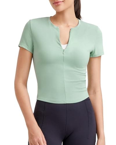 G4Free Workout Tops Short Sleeve Slim Fit Gym Shirts Woman Half Zipper Yoga Sports Athletic Running Crop Shirts (Bean Green,L) - Image 1