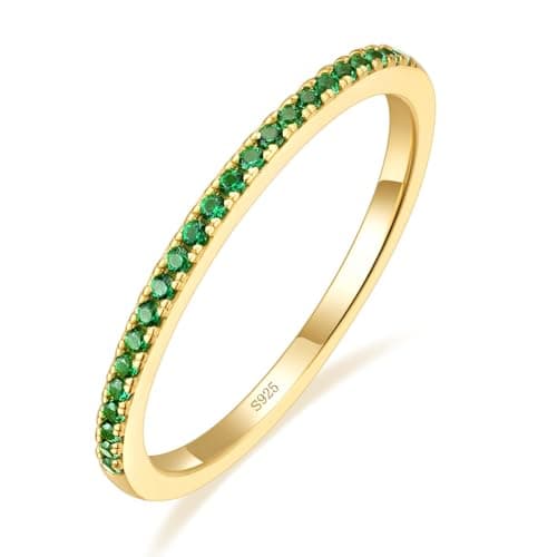 EAMTI 1.5mm Wedding Bands for Women Sterling Silver Half Eternity Stackable Ring Green CZ Stones Rings Size 6.5 - Image 1
