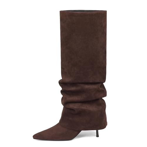 COMFITORIA Womens Knee High Boots, Fold Over Shark Boots Stiletto Heels Slouchy Long Boot Pointed Toe Thigh High Dress Shoes Sexy Fashion Tall Boot for Women with Zipper, ChocolateSuede，8 - Image 1