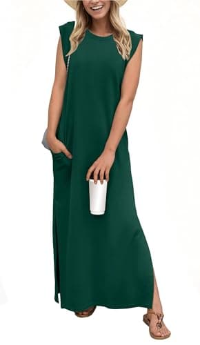 HiMONE Casual Summer Dress for Women Petite Friendly Sleeveless Tank Dress Loose Fit Maxi with Pockets Dark Green - Image 1