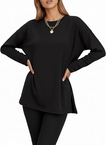 Tankaneo Women's Oversized Long Sleeve Tunic Tops Casual Crewneck Loose Fit T-Shirt with Side Slits 2026 Black - Thumbnail 2