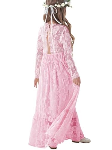 ALLOVIN Toddler & Girls Long Sleeve Lace Flower Girl Dress Maxi Boho A-Line Dress for Wedding Baptism 1st Communion | Pink | 11-12Y - Image 1