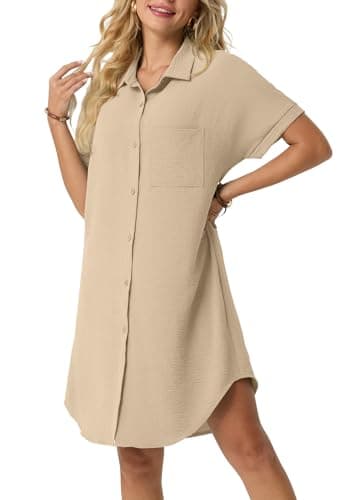 HiMONE Women’s Button Down Shirt Dress Casual Loose Short Sleeve Cover Up with Pocket Lightweight Beach Tunic Dress - Image 1