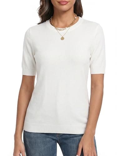 LaGracia Wool Blend Sweaters for Women Crewneck Short Sleeve Lightweight Sweater Office Summer Outfits Beige 2XL - Thumbnail 2