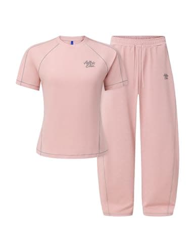 Aelfric Eden Cloud Slim Sweat Set 2 Piece Sets for Women Summer Short Sleeve Tops High Waist Baggy Barrel Pants Tracksuit Sets Pink X-Large