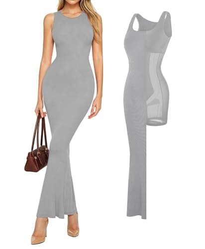 Popilush Casual Maxi Long Dresses for Women Bodycon Sleeveless Modal Tummy Control Built-in Bra Shapewear Dress Grey X-Large - Image 1