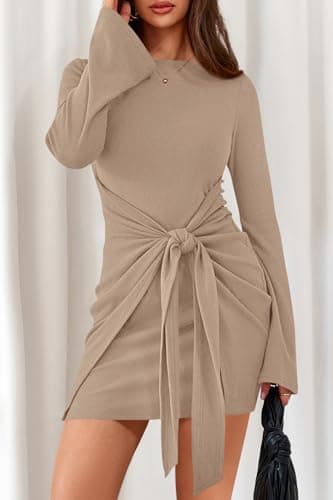 dowerme Women's Casual Mini Dress 2026 Bell Long Sleeve Boat Neck Tie Waist Bodycon Dresses Knitted Party Fall Outfits(Khaki,XX-Large) - Thumbnail 4