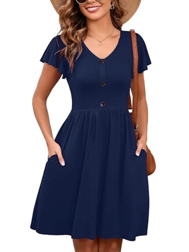 Heymoments Women Summer Dress Navy Blue X-Large Ruffle Sleeve V Neck Casual Cute Loose Sundress Comfy Swing Button Down Midi Work Flowy Tunic Ladies Beach Vacation Teacher Dresses with Pockets - Image 1