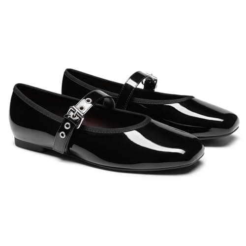 Rihero Black Ballet Flats for Women Comfortable Square Toe Buckle Strap Dressy Casual Ballerina Mary Jane Flats Shoes Size 5.5 - Thumbnail 4
