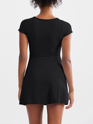 Dokuritu Womens Tennis Dress Short Sleeve Square Neck Golf Dress Sexy Side Slit 2024 Summer Active Exercise Athletic Dresses with Built in Shorts & Bra Black - Thumbnail 2