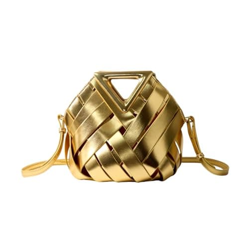 Unique Design Woven Bucket Bag for Women, Vegan Leather Tote Purse with Multi-Function Top Handle Clutch Handbag Retro Style (Gold) - Image 1