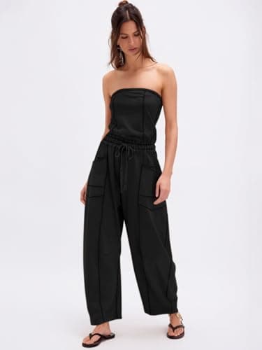 Sexyasasii One Piece Jumpsuits for Women Strapless Off Shoulder Long Wide Leg Pants Drawstring Summer Casual Tube Top Jumpsuit with Pockets - Thumbnail 5