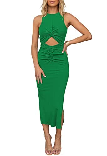 HUUSA Teens Junior Girls Autumn Break Outfit Elegant Hollow Out Sleeveless Crisscross Twist Knot High Waist Split Skinny Long Dresses for Women 2025 Verdant Green XL - Image 1