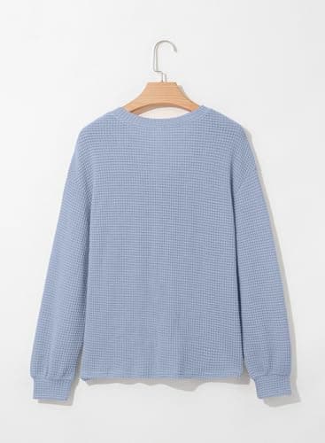 Dokotoo Spring Tops for Women 2026 Casual V Neck Long Lantern Sleeve Blue Waffle Knit Blouse Fashion Button Down Shirts Loose Fit Boyfriends Oversized Spring Clothes Medium - Thumbnail 6