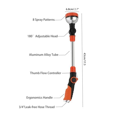 HaloAmily 17.5" Multi-Pattern Watering Wand with Thumb Control & 180° Water Nozzle | 8 Spray Modes for High-Pressure Cleaning, Pet Bathing, Gardens, Hanging Baskets | Fits Standard Garden Hoses - Thumbnail 2