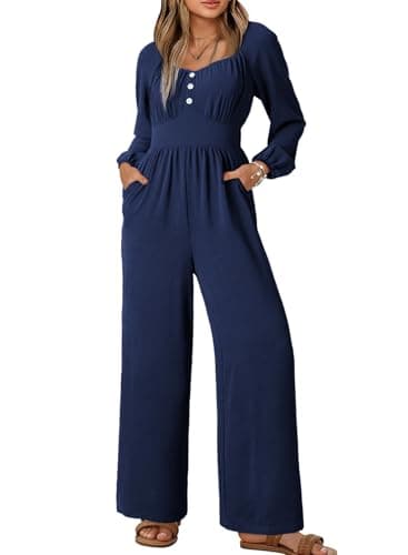 Dokotoo Sleeveless Jumpsuits for Women 2026 One Piece Spring Square Neck Flowy Rompers Smocked Waisted Sexy Business Casual Wide Leg Cruise Outfits Plus Size with Pockets,Navy Blue Small - Thumbnail 4