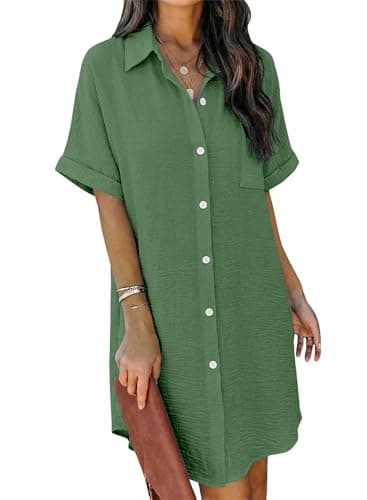 Magritta Womens Casual Dresses for Women Shirt Dress 2026 Green Button Down Shirt with Chest Pocket Trendy Short Sleeve Beach Coverup for Summer Pool Days 3XL - Image 1