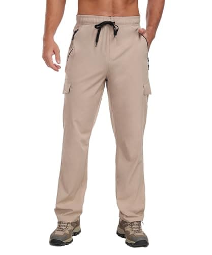 Mens Cargo Hiking Pants with 4 Pockets Waterproof Quick Dry Elastic Waist Drawstring UPF 50+ Lightweight Work Casual Travel Golf Workout Gym Khaki L - Image 1