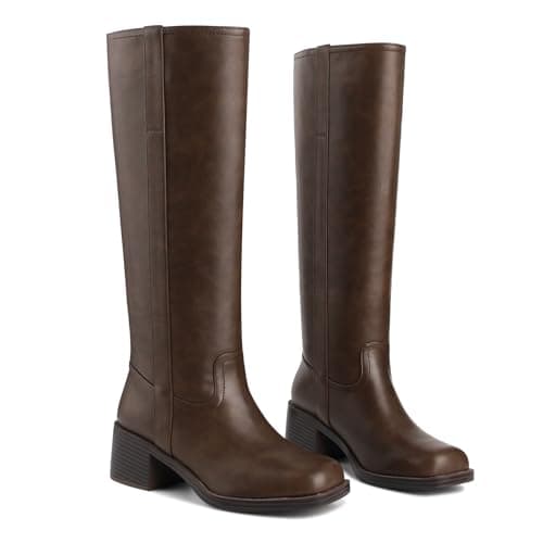 Migpuel Knee High Boots for Women Square Toe Riding Boots Chunky Block Heel Wide Calf Tall Boots Comfortable Low Heel Campus Casual 8.5,Cocoa - Image 1