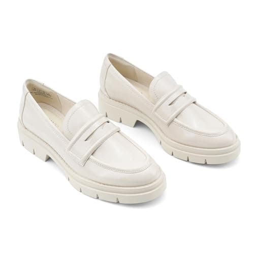 JENN ARDOR Women's Chunky Loafers Slip On Lug Sole Penny Loafer Comfort Casual Round Toe Mid Heels Platform Work Shoes Natural 6 - Image 1