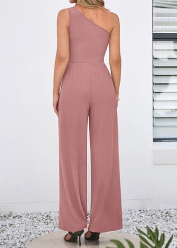 KIRUNDO One Shoulder Jumpsuits For Women Dressy Summer Formal One Piece Ribbed Wide Leg Romper Pockets Cocktail Party Outfits(Pink, Large) - Thumbnail 2